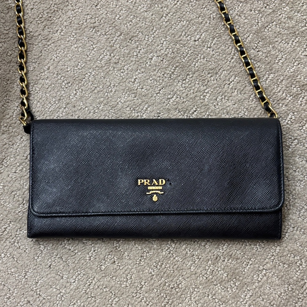 Prada Black Leather Chain Clutch